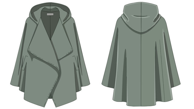 Technical flat sketch of a modern grey hooded cape design presented front and back views a versatile fashion garment illustration for apparel