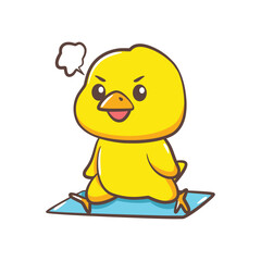 Obraz premium Angry Yellow Chick Character Doing Yoga Exercise on a Blue Mat