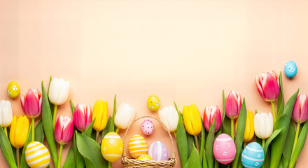 Happy easter sunday celebration with colorful tulips and easter eggs