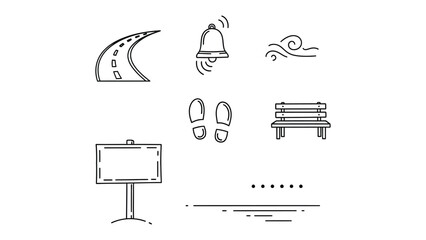 Fototapeta premium Road Signs Icon Set: A comprehensive collection of road signs icons, meticulously crafted with clean lines. Includes a road, a bell, wind, footprints, a bench, a sign board and a ground line.