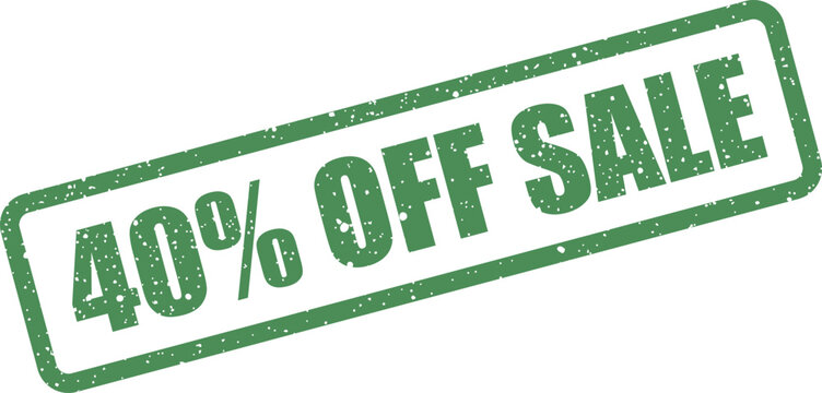 Grungy rectangular stamp impression notifying customers about a forty percent markdown during an ongoing retail sale period