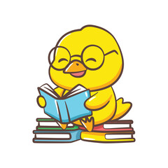 Smart Yellow Chick Character Wearing Glasses and Reading Stack of Books