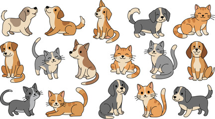 Cute Cats and Dogs Cartoon Vector Set, Sitting and Lying Pet Characters, Adorable Domestic Animals Flat Illustration © MdNazmul