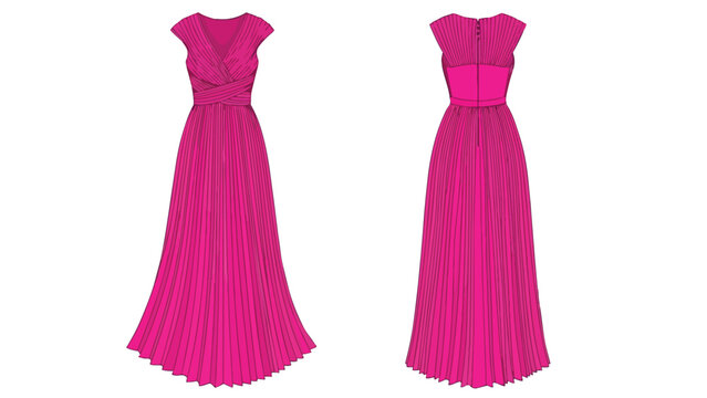 Detailed technical drawing of a captivating fuchsia pleated maxi dress showcasing elegant design with a v-neck and cap sleeves perfect for formal