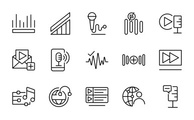 Fototapeta premium Podcast line icon set. Microphone, podcasting, record, audio, broadcasting, broadcast, channel line icon set.