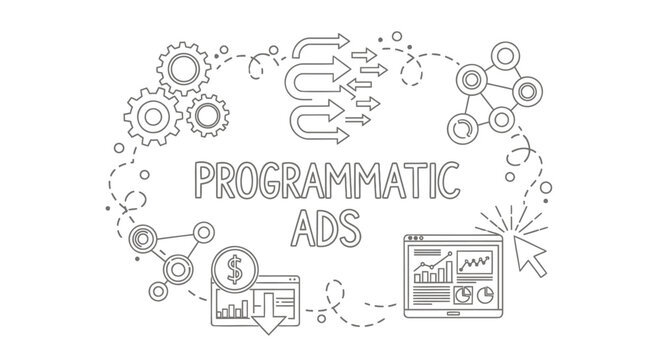 Programmatic advertising vector illustration, icons and gears around text, for marketing or presentation, isolated on transparent background, png