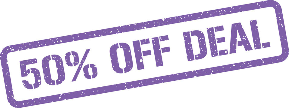 Grungy rubber stamp displaying 50% OFF DEAL text, highlighting a limited time discount or special offer