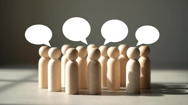 Wooden figurines with speech bubbles above, suggesting communication and dialogue in a group