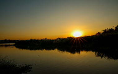 Fototapeta premium Dramatic golden hour sunburst setting behind tall grass silhouette reflected in calm river water with beautiful warm gradient sky.