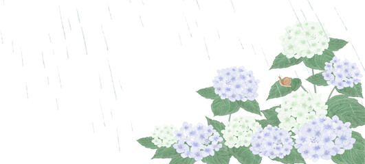 Watercolor light purple & white hydrangea footer border with rain drops and a snail for rainy season design.-300dpi- © URU