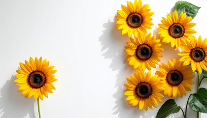 Vibrant sunflowers bloom in a serene natural setting with green leaves 