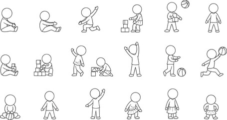 Fototapeta premium Set of child outline illustrations showing kids playing, sitting, walking and holding toys, simple line art characters for education, parenting, children activity design