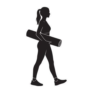 Fitness woman walking with yoga mat in hand icon design graphic drawing isolated a vector black shilhoutte illustration
