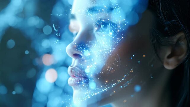 Digital Self: A woman is merged with digital networks, exploring the concept of the digital self and the boundaries between reality and the virtual world.