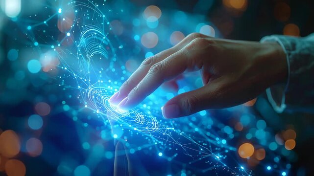 Digital Connection: A hand interacts with an abstract representation of digital information, highlighting technological advancement, connectivity, and the boundless potential of the digital world.