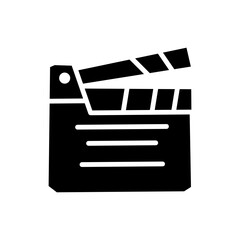 Black film clapperboard icon representing movie production, filmmaking, video recording, cinema industry, and media content creation.