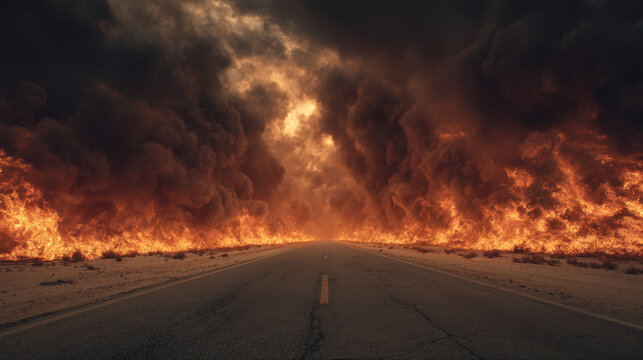 Catastrophic wildfire event engulfs desert road dramatic nighttime scene high-intensity imagery