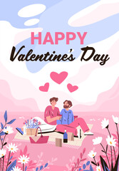 Male couple Valentines Day picnic gay LGBTQ romance on bench in pink landscape with wine basket flowers pastel sky meadow plants horizontal web banner template