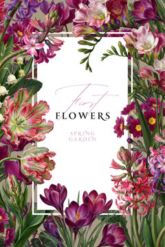Vintage vector illustration with colorful spring flowers on a changeable background. Floral design template for wedding invitation, greeting card, notebook cover, flyer or certificate.