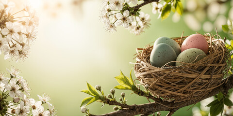 Fototapeta premium Ostereier im Vogelnest auf blühendem Zweig im Frühling vor weichem Bokeh-Hintergrund