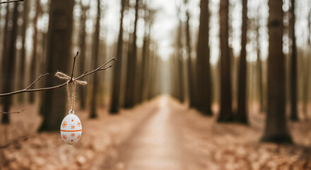 Happy easter sunday forest path with hanging easter egg decoration