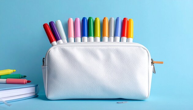White Pencil Case with Colorful Stationery &ndash; Organized School Supplies on Blue Background