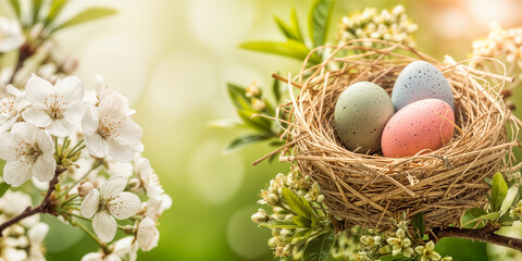 Fototapeta premium Ostereier im Vogelnest zwischen weißen Frühlingsblüten, pastellfarbene Eier im Sonnenlicht im Garten