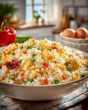 Delicious homemade fried rice with vegetables and eggs in kitchen