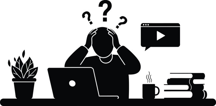 Confused man working on laptop at desk, frustrated student studying with books and video tutorial, stressed freelancer icon in EPS format