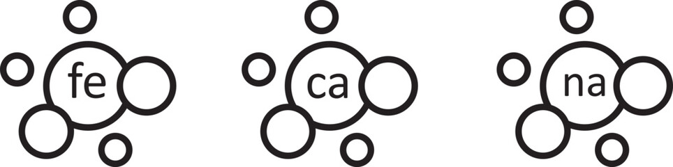 Chemical content icon in line shapes, Ca, Zn, Mg, Se, Fe, Ca, vector. Set of Multi Vitamin und mineral, icons.
