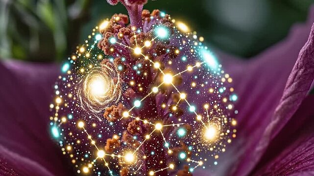 A macro close-up of a flower stamen transforming into a sparkling galaxy of stars and light.
