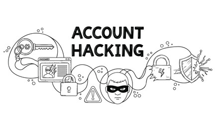 Naklejka premium Vector illustration of account hacking concept with mask, lock, key, and warning signs, for website or presentation, Isolated on transparent background, png