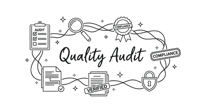 Quality audit vector illustration with checklist, magnifying glass, verified badge, and compliance seal, for presentation or website, Isolated on transparent background, png
