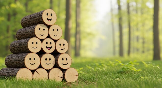 A stack of cheerful wooden logs smiling happily in a bright forest setting, symbolizing joy and ecological happiness, sunny, stack, cheerful