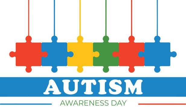 World Autism Awareness Day poster with colorful hanging jigsaw puzzle pieces flat vector