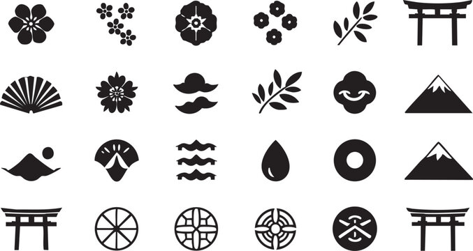 Japanese traditional icon set (Flower, Nature, Food, pattern, etc