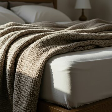 Close-up view of a cozy, textured cotton bedspread layered over a thick white mattress in a sunny, inviting bedroom setting, simple, coverlet, interior