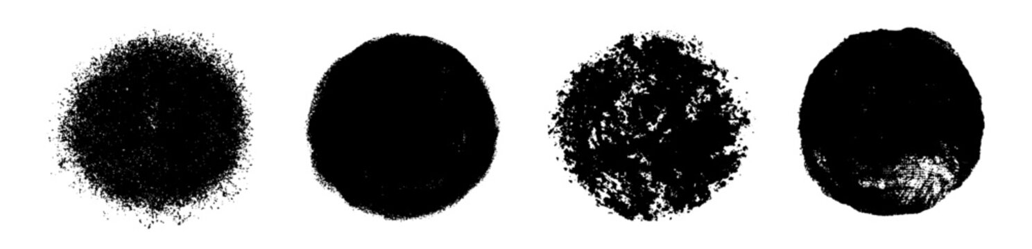 Black ink blot circles and grunge splatter textures set. Rough stains, smudges and spray spots for overlays, backgrounds, logos, stamps, labels, posters and print templates for branding and packaging.