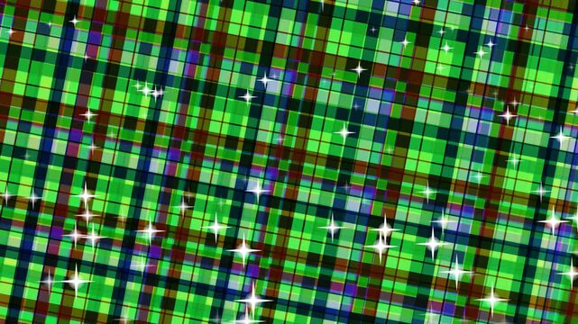 Vibrant green plaid pattern with colorful sparkles on fabric background