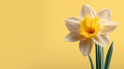 Single daffodil flower on yellow background with copy space. St. David&rsquo;s Day symbol and fresh spring concept.
