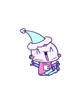 rise and float animation of hand drawn line drawing of a robot wearing santa hat
