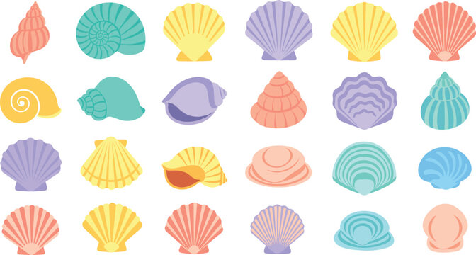 Colorful seashell icon set featuring ocean shells, beach elements, marine decorations, and summer coastal symbols in soft flat vector style