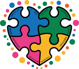Obraz premium Autism awareness heart icon with colorful jigsaw puzzle pieces and polka dot border vector
