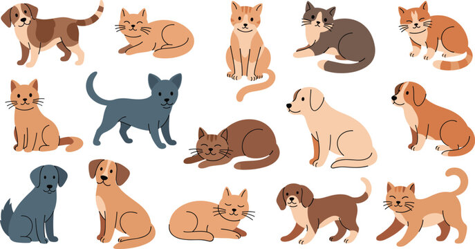 Cute cat and dog illustration icon set featuring playful pets, sitting and lying poses, friendly animals, and charming cartoon characters in flat vector style