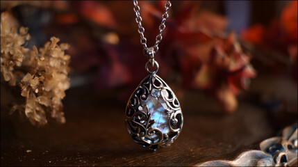 Fototapeta premium Elegant fantasy magic pendant on a chain with mystical glow ornate details and enchanted aura