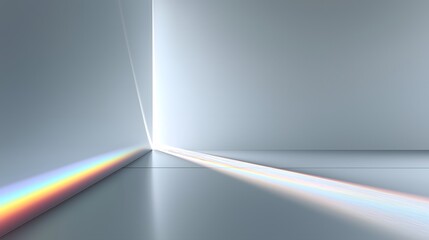 A pristine interior with smooth reflective surfaces, a streak of light breaking into a prism effect with vibrant spectrum colors across a minimalist space, creating a modern and serene atmosphere