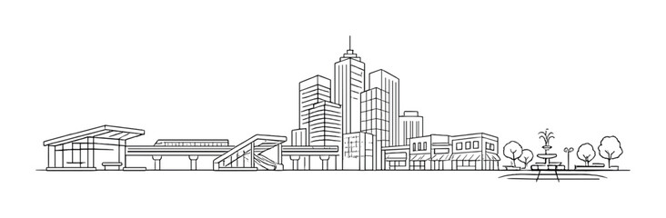 Monochrome cityscape illustration with urban buildings and trees