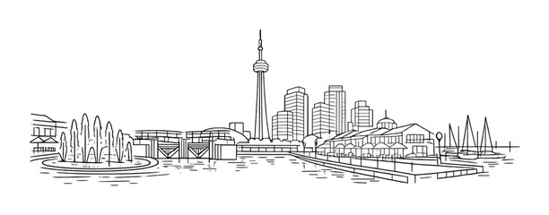 Obraz premium Monochrome cityscape with illuminated skyline and tower