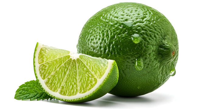 Buah jeruk nipis segar dengan irisan dan daun menampilkan tekstur alami melambangkan kesegaran citrus alami