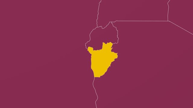 Burundi map. Animated zoom into the country on the Globe in Pale Mint Dark Pink color palette. Country logo animation with round text and airplanes. Map with meridians, parallels. Neat video.